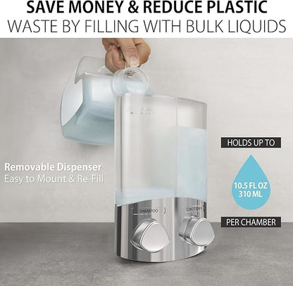 Better Living EURO Shower Dispenser Wall Mount Shower Soap Dispenser for Bathroom Hotel Body Wash, Corner or Flat Wall Shower Shampoo Dispenser, Built-in Hooks, 2 x 10.5 oz, Chrome, 2-Chamber