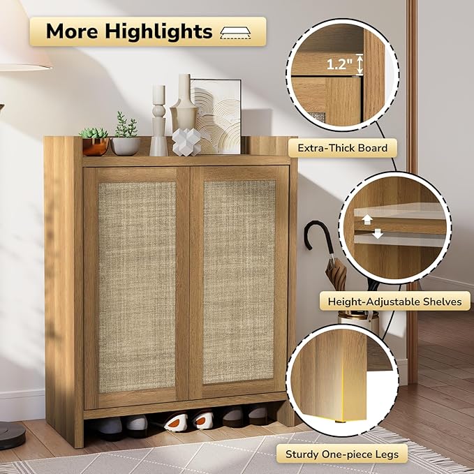 Boho 2 Doors Shoe Storage Cabinet for Entryway, Farmhouse Wooden Shoe Organizer for Front Door Entrance Hallway, Zapatero Organizador Rattan Shoes Cabinet (Oak, 2 Doors, 2 PCS)
