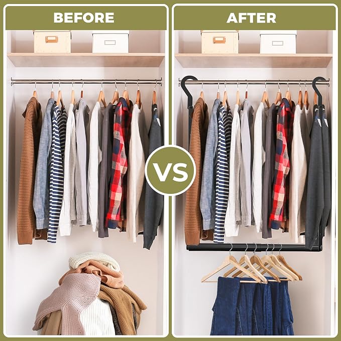 Adjustable Hanging Closet Rod, Heavy Duty Closet Rods for Hanging Clothes, Powder-Coated Black Metal Double Closet Bar, Space-Saving Closet Poles Extender for Clothing Organizer, 2 Pack
