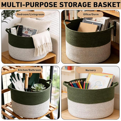 65L Large Blanket Basket,Woven Rope Laundry Basket Hamper with Handles,Decorative Nursery Basket Storage Bin for Toys, Pillows , Clothes Organizer, Living Room, Bedroom, Bathroom, Green&White