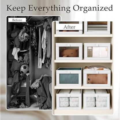 Criusia 4 Pack Closet Organizers and Storage, Large Linen Closet Baskets for Organization, Foldable Storage Containers for Towels, Clothing, Jeans, Books, Shelves, White