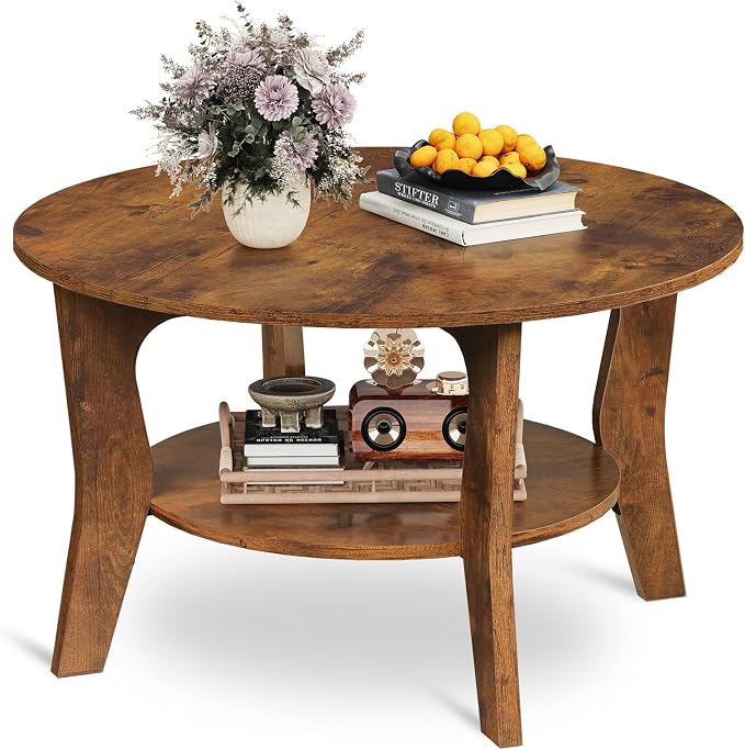 WLIVE Round Coffee Table, 2-Tier Small Coffee Table with Storage Shelf, Circle Wood Center Table for Living Room, Apartment, Easy Assembly, Rustic Brown