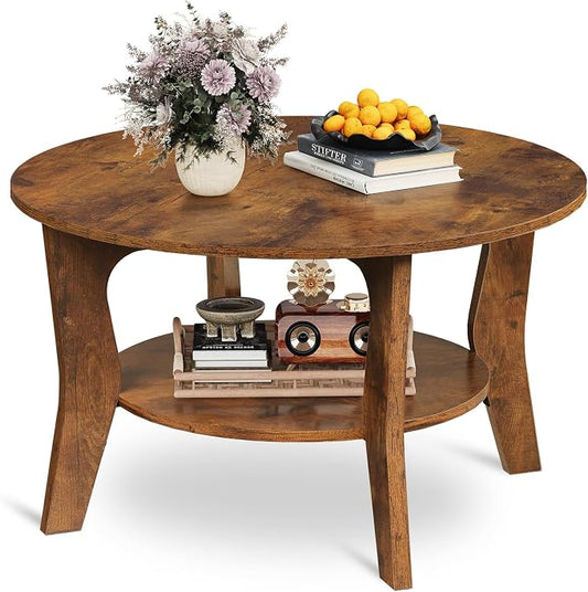 WLIVE Round Coffee Table, 2-Tier Small Coffee Table with Storage Shelf, Circle Wood Center Table for Living Room, Apartment, Easy Assembly, Rustic Brown