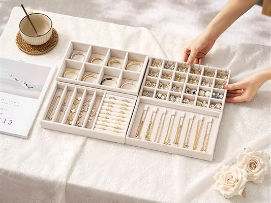 Velvet Jewelry Drawer Organizer Trays – 4-Layer Stackable Jewelry Storage Inserts Set, Beige Jewelry Tray Set for Earrings, Rings, Necklaces, Bracelets with Removable Dividers for Dresser & Vanity