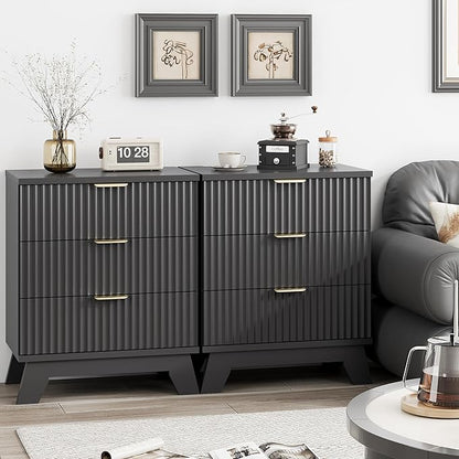 Fluted Nightstand, 24" Wide Side Table with 3 Large Storage Drawers, Mid Century Modern Wood Night Stand with Metal Handle, Wooden Bedside End Table for Bedroom, Living Room, Closet, Black