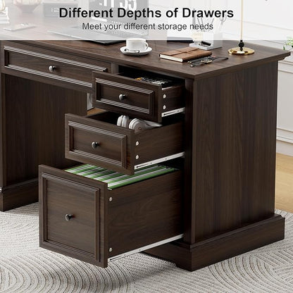 Vipbear 60" Farmhouse Executive Office Desk with Drawers and File Cabinet, Embossed Texture Wood Home Office Desk, Rustic Computer Desk, Workspace for Work Study Writing, Dark Brown
