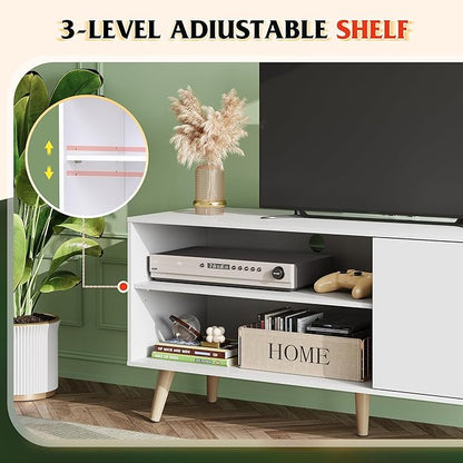 WLIVE TV Stand for 55 Inch TVs, Entertainment Center with Storage Cabinet, Mid-Century TV Stands for Living Room and Bedroom, 50" TV Console, White