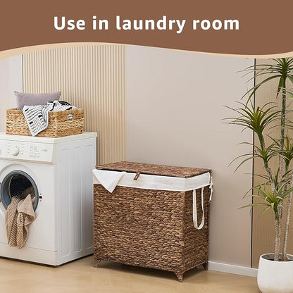 Laundry Hamper with Lid and Removable Liner Bag, Handwoven Natural Hyacinth Clothes Hamper with Heightened Feet, Wicker Laundry Basket for Clothes and Towels，Large, 2-sections