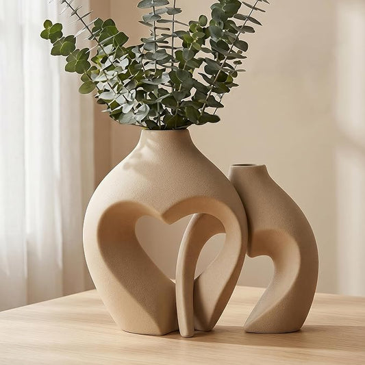 Brown Ceramic Flower Vases Home Decor Heart Shaped Vase Set of 2 Nordic Heart Shaped Vases, Minimalist Decorative Vase for Table Centerpiece Wedding Dining Living Room Office House Decoration