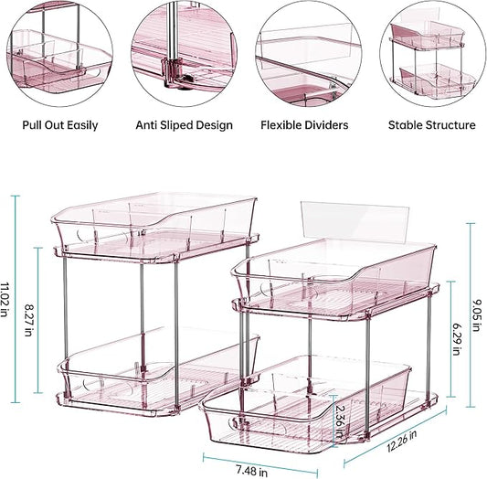 Delamu 2-Tier Under Sink Organizers and Storage, Multi-Purpose Stackable Bathroom Cabinet organizers, Pull Out Kitchen Pantry Organization and Storage with Dividers(2 Pack, Pink)