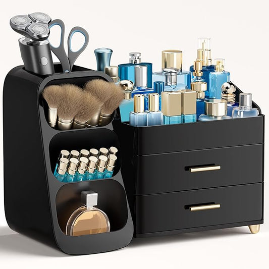 HBlife Cologne Organizer for Men Makeup Organizer with Brush Holder for Vanity, Large Plastic Bathroom Countertop Organizer Skin Care Storage, Fathers Day Gift for Dad Husband, All Black