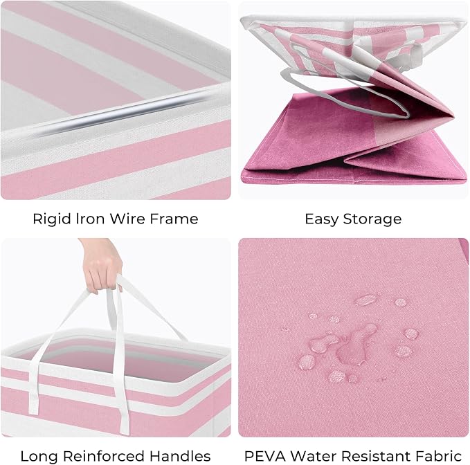HomeHacks 2 Pack Large Laundry Baskets, Waterproof, Freestanding Laundry Hampers, Collapsible Clothes Hamper with Reinforced Handles in Laundry, College Dorm, Bathroom, Bedroom (Pink, 100Lx2)