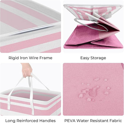 HomeHacks 2 Pack Large Laundry Baskets, Waterproof, Freestanding Laundry Hampers, Collapsible Clothes Hamper with Reinforced Handles in Laundry, College Dorm, Bathroom, Bedroom (Pink, 75Lx2)