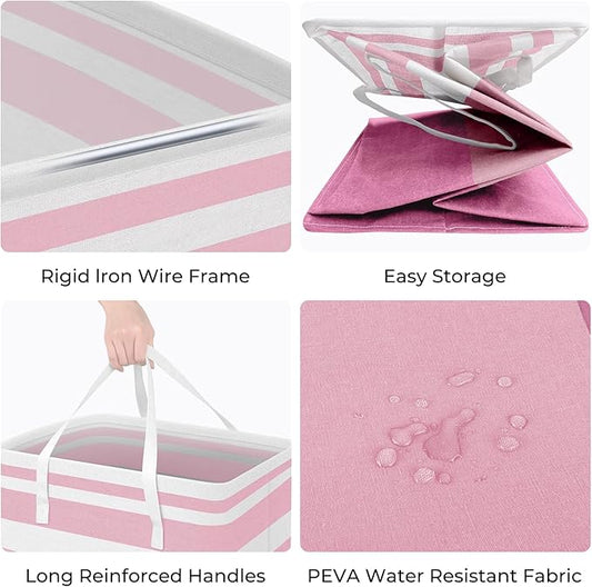 HomeHacks 2 Pack Large Laundry Baskets, Waterproof, Freestanding Laundry Hampers, Collapsible Clothes Hamper with Reinforced Handles in Laundry, College Dorm, Bathroom, Bedroom (Pink, 75Lx2)