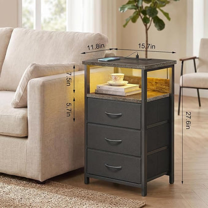 Fixwal Night Stand with Charging Station, LED Nightstand with U-S-B Ports and Outlets, 3 Fabric Storage Drawers with PU Finish, Bed Side Table, Charcoal Gray