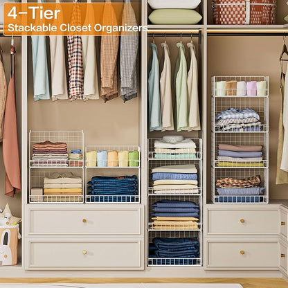 Yociyoga 4 Tier Stackable Closet Organizers and Storage Shelves, Foldable Closet Shelf Organizer System, Stackable Storage Bins Drawers for Clothes Organizer System, White（Patent No. 30022416）