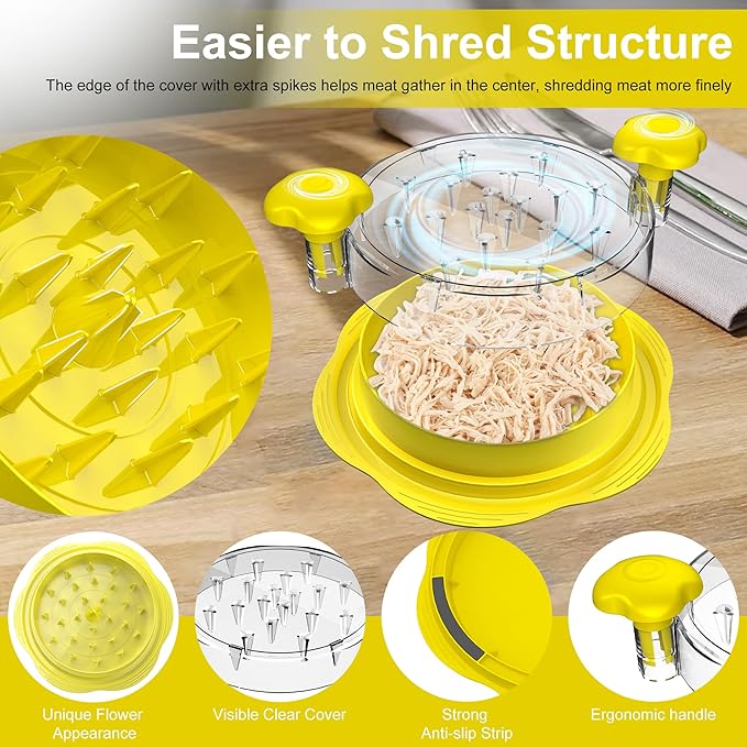 Chicken Shredder Tool Twist Large Chicken Breast Shredder with Brush&Fork, Visible Meat Shredder Machine, Strong Anti-Slip Strip, Ergonomic Handle, BPA Free, Suitable for Pork Beef Chicken(Yellow)