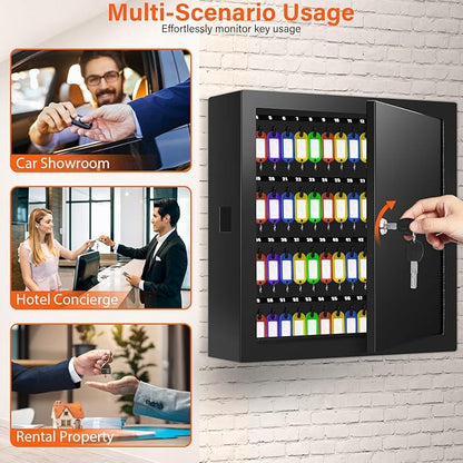 100 Keys Key Cabinet, Anti-Theft Key Lock Box with Key Tags, Adjustable Key Organizer Wall Safe for Car Office House Garage Rental Business