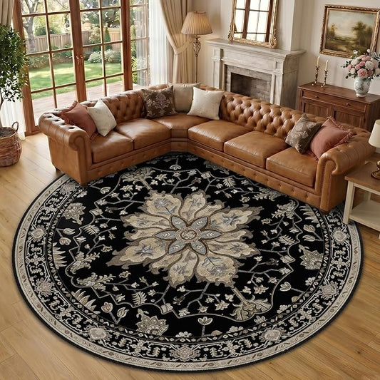 RELEANY Area Rugs Round 10ft Washable Non-Slip, Floral Vintage Distress Medallion Carpet for Living Room Bedroom Dining Room, Black Brown Neutral Dark Tan
