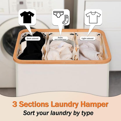 efluky Laundry Hamper with Lid, Trio Laundry Basket with 2 Removable Bags, 3 Section Laundry Bin with Bamboo Handles for Bathroom, Bedroom & Laundry Room, 160L (42.3 Gallon) Beige