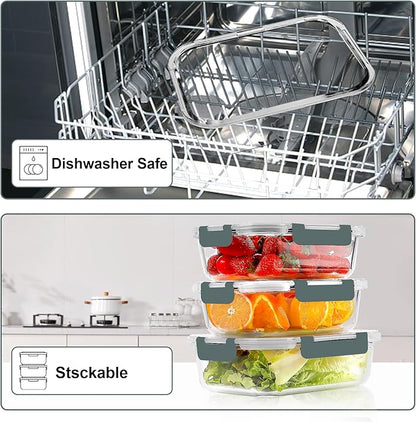 VERONES 10 Pack Glass Meal Prep Containers, Airtight Glass Lunch Containers, Stackable Glass Food Storage Containers Set with Lids,BPA-Free, for Microwave, Oven, Freezer & Dishwasher Friendly,Grey