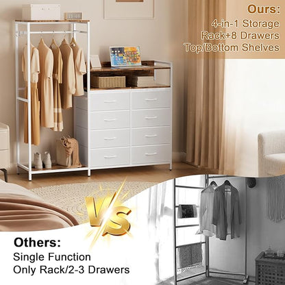 Dresser with Clothes Rack,58" H Clothing Rack with Fabric Drawers & LED Lights,Clothes Racks for Hanging Clothes,8 Drawers Dresser,Garment Rack for Bedroom with Charging Station,White