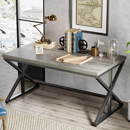IBF 60” Grey Computer Office Desk, Modern Large Gray Office Desk for Home, Industrial Long Wood Metal Pc Work Writing Desks, Farmhouse Simple Study Executive Computer Table with Storage, Light Grey