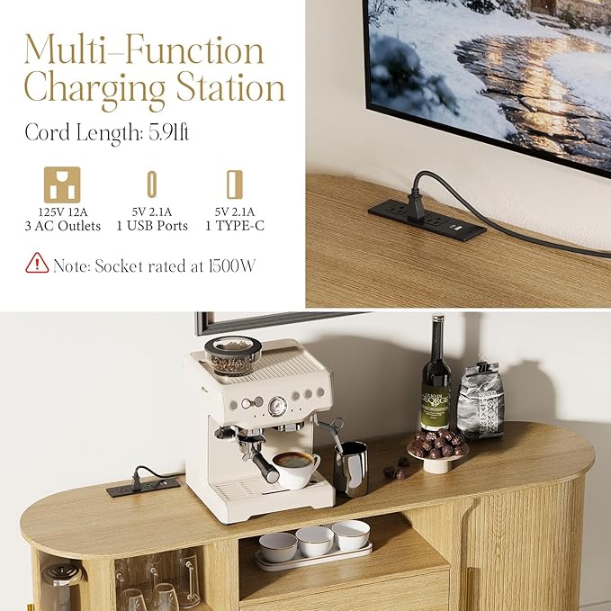 60" Sideboard Buffet Cabinet with Storage, Sliding Door & Adjustable Shelf, Modern Credenza with 2 Drawer, Accent Sideboard Coffee Bar Console Table for Kitchen, Entryway and Living Room