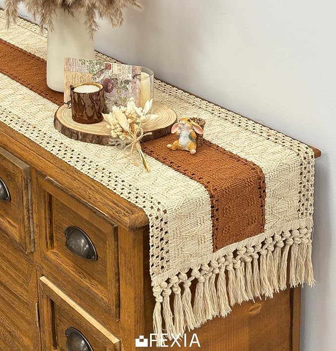 FEXIA Boho Table Runner 36 Inches Long Macrame Summer Decor Coffee Table Cover Farmhouse Stylewith Tassels for Party Bohemian Rustic Wedding Bridal Shower Dining Room Middle Brown (12x36 Inches)