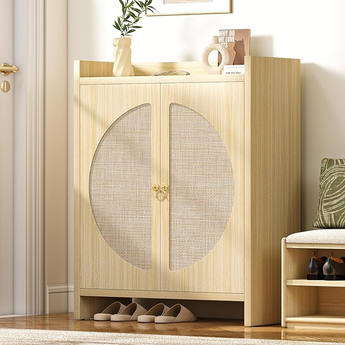 Shoe Cabinet Storage for Entryway - Rattan Entry Way Shoe Storage Cabinet with Adjustable Shelves, Wood Shoe Organizer Cabinet, Accent Cabinet with Doors for Entrance Hallway Living Room Foyer
