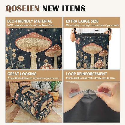 Fantasy Mushroom Laundry Basket,Butterfly Stars Collapsible Laundry Baskets with Handles,Waterproof Oxford Cloth Storage Basket 16"x20" for Bathroom/Bedroom/Dormitories