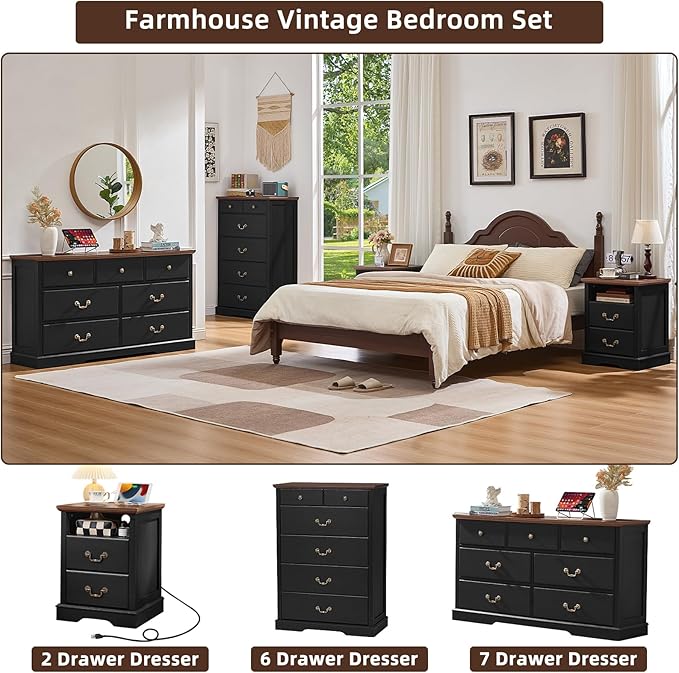 Farmhouse 7 Drawer Dresser for Bedroom,55" Wide Wood Rustic Chest of Drawers,Farmhouse Chest of Drawers for Bedroom,Wood Drawer Organizer for Living Room, Hallway,Bedroom,Black