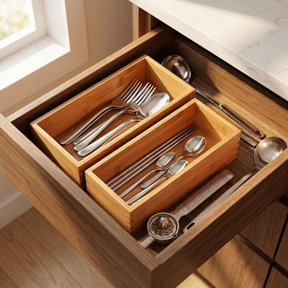 Bamboo Drawer Organizer Set, 2 Pack Multi-Size Wooden Storage Box, Natural Utensil Holder for Kitchen Flatware Silverware, Bathroom, Office Desk, Makeup and Cooking Tools