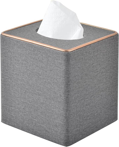 RHCSZ Linen Square Tissue Box Holder Cube Tissue Box Cover－Rosegold Leather Recorate,Napkin Holder Case Dispenser, Tissue Holders with Magnetic Bottom for Home Office Car Hotel Restaurant,Grey
