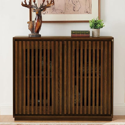 LKTART Mid Century Modern Sideboard Buffet Cabinet, Narrow Credenza Storage Cabinet with 2 Doors,Media Console Table for Living Room,Entryway,Hallway-Walnut