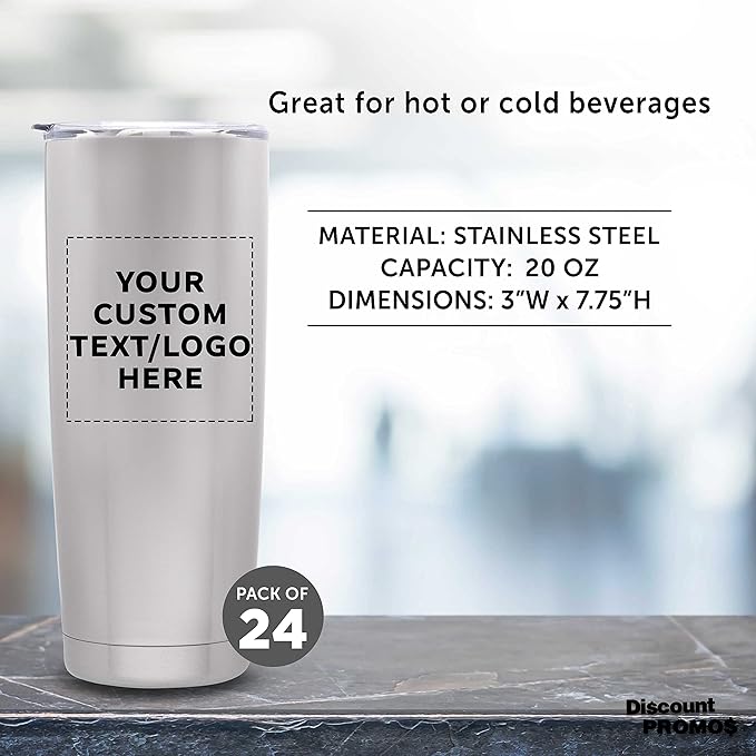 Custom Pipette Stainless Steel Coffee Tumblers 20 oz. Set of 24, Personalized Bulk Pack - Double Wall, Perfect for Coffee, Hot Cocoa, Other Hot & Cold Beverages - Silver