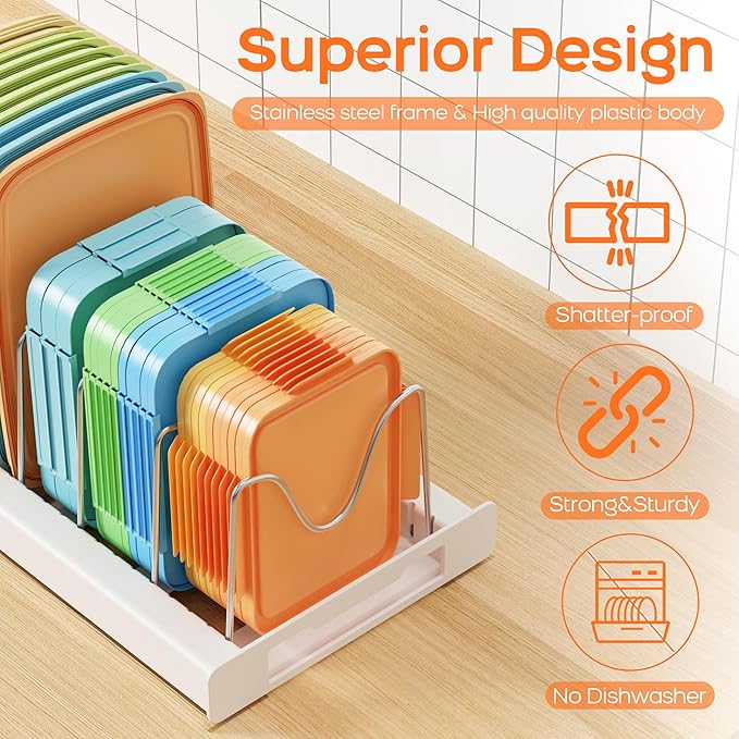 Nigelia Pots and Pans Organizer for Under Cabinet 22" Expandable Food Storage Container Lid Organizers with 10 Adjustable Dividers Pot and Pan Lid Holders Rack Inside Cabinet&Kitchen Countertop(Black)