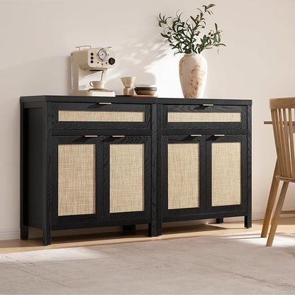 SICOTAS Sideboard Buffet Storage Cabinet, Rattan Accent Cabinet with Doors and Drawer, Modern Credenzas Buffet Table Console Coffee Bar Cabinets for Entryway Living Room, Black