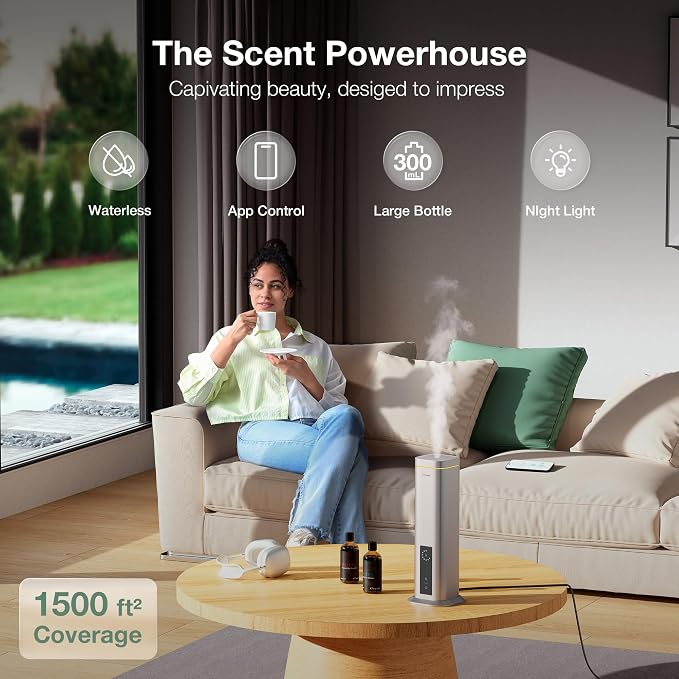 Airversa Waterless Diffuser, Smart Tower Diffuser with App Control, Cold Air Scent Diffuser Oil Machine for Homes Offices Hotels, 300mL Capacity, Up to1500 sq ft, DC-12V/1A Plug, RDX Silver Kit