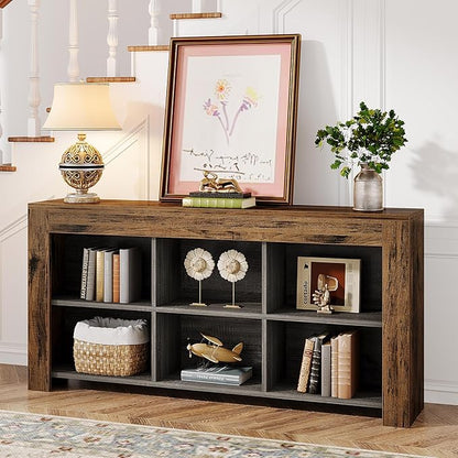 Tribesigns 63-Inch Long Console Table, Rustic Wood Entryway Table with 6 Storage Cubes, Industrial Narrow Sofa Table Behind Couch Table for Living Room, Hallway