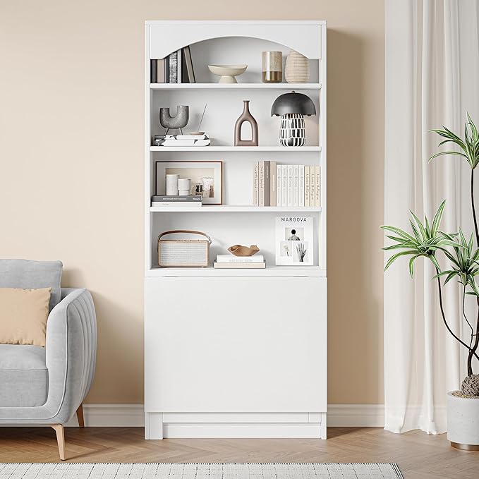 6-Tier Bookshelf with Folding Table, 72.8” Tall Open Storage Bookcase, Large Storage Capacity, Modern Display Shelf for Home Office, Living Room, Bedroom, White