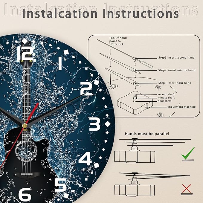Electric Guitar Wall Clock - 10 Inch Wooden Art Hanging Clock, Silent Non-Ticking, Battery Operated, Round Home Arabic Numeral Decorative
