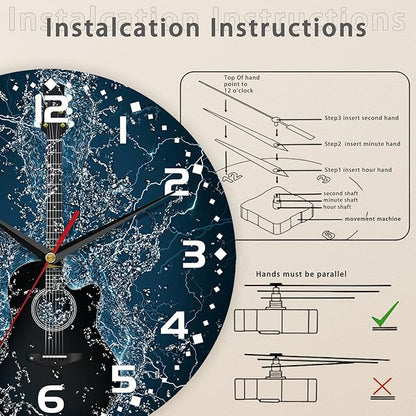 Electric Guitar Wall Clock - 10 Inch Wooden Art Hanging Clock, Silent Non-Ticking, Battery Operated, Round Home Arabic Numeral Decorative