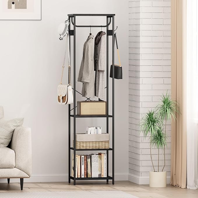 Coat Rack With Hanging Rod, Garment Rack With 3 Wooden Shelves and 4 Hooks, Freestanding Hall Tree, Industrial Clothes Rack Stand Organizer, Black