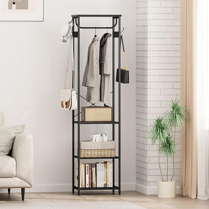 Coat Rack With Hanging Rod, Garment Rack With 3 Wooden Shelves and 4 Hooks, Freestanding Hall Tree, Industrial Clothes Rack Stand Organizer, Black