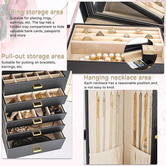 AKOZLIN 6-Tier Jewelry Box Organizer Functional 5 Drawers Leather Jewelry Storage Case for Women Girls Ring Necklace Earring Bracelet Holder Organizer with Mirror Extra Large Black