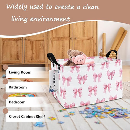 Rectangular Pink Bow Storage Basket,Collapsible Storage Bin for Nursery,Cute Bow Toy Storage Organizer for Kids Girls,for Home,Bedroom,Playroom,Closet,New Parent Gift(Pink Knot)