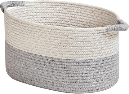 R RUNKA Storage Baskets for Organizing | 15"x10.2"x9.1" - 1 Pack Nursery Bin with Handles - Woven Cotton Rope Baskets for Dog Toys, Books, Shelf, Bathroom,Closet -Stylish Storage |White & Grey