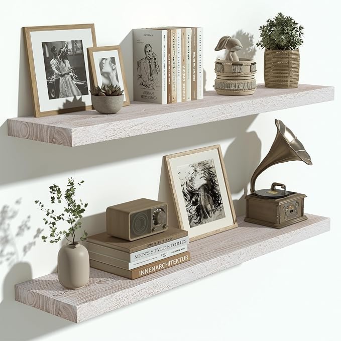 Vivelove Solid Wood Floating Shelves Set of 2, Elm Wood Wall Shelf with Invisible Bracket for Living Room Bedroom Bathroom Office, Rustic Farmhouse Decor Storage & Display, 36 inch - Weathered White
