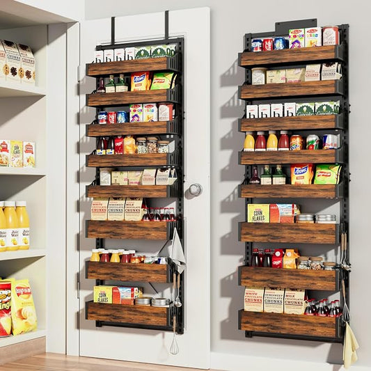 Over the Door Pantry Organizer: Pantry Organization and Storage with Hanging Basket - 8-Tier Adjustable Shelves Metal Spice Rack for Kitchen Laundry Room Bedroom & Bathroom